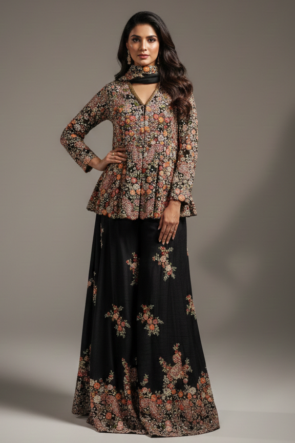 Black Raw Silk Embroidered Palazzo Suit - red silk saree embroidered