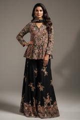 Black Raw Silk Embroidered Palazzo Suit - red silk saree embroidered