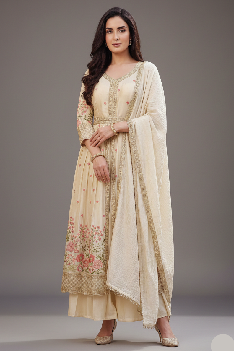 Cream Chinon Floral Embroidered Slit Cut Palazzo Suit - red saree embroidered