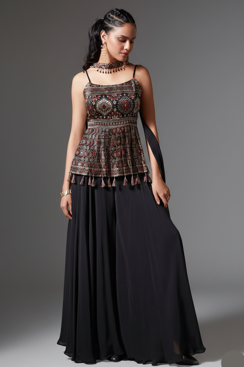 Black Modal Silk Ajrakh Printed Peplum Style Palazzo Suit - plum silk saree