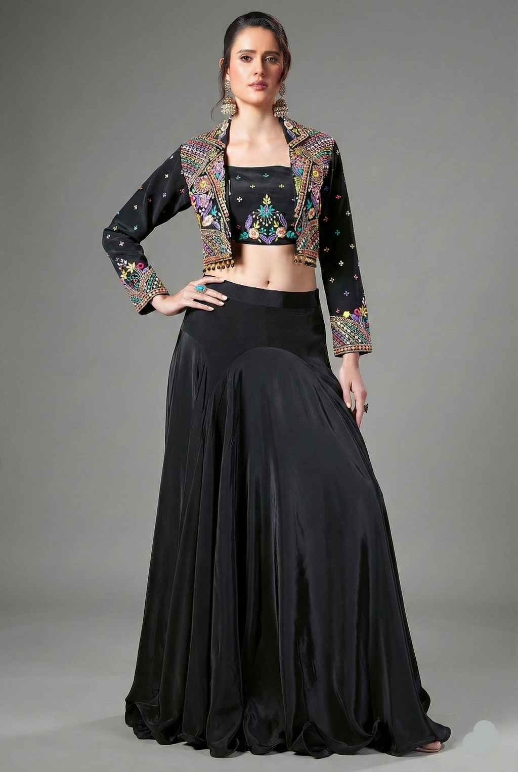 Black Crepe Silk Embroidered Crop Top with Mermaid Cut Lehenga and Jacket - red silk saree embroidered