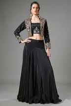 Black Crepe Silk Embroidered Crop Top with Mermaid Cut Lehenga and Jacket - red silk saree embroidered