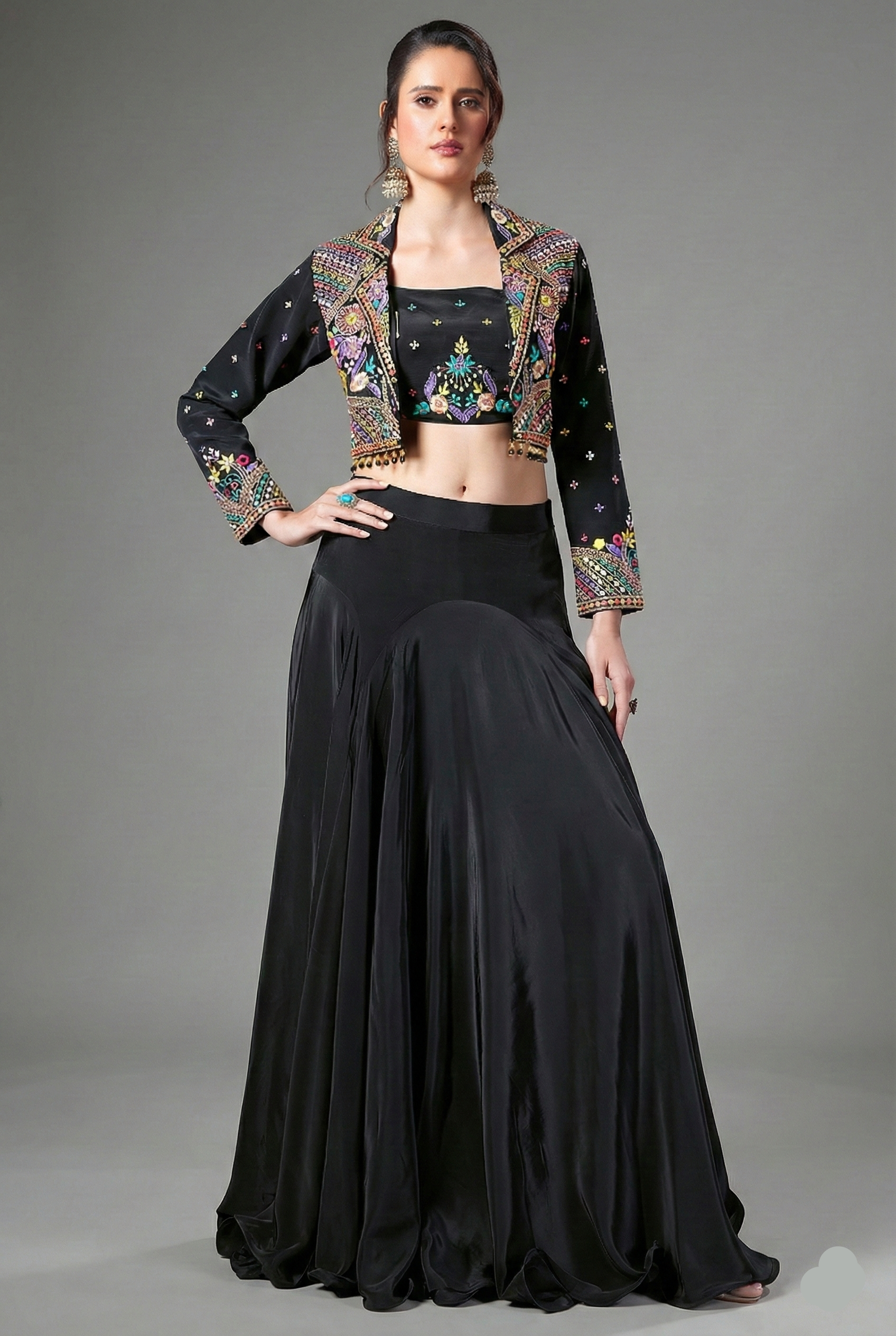 Black Crepe Silk Embroidered Crop Top with Mermaid Cut Lehenga and Jacket - red silk saree embroidered