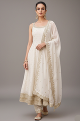 Pearl White Art Silk Sequins Embroidery Worked Anarkali Suit