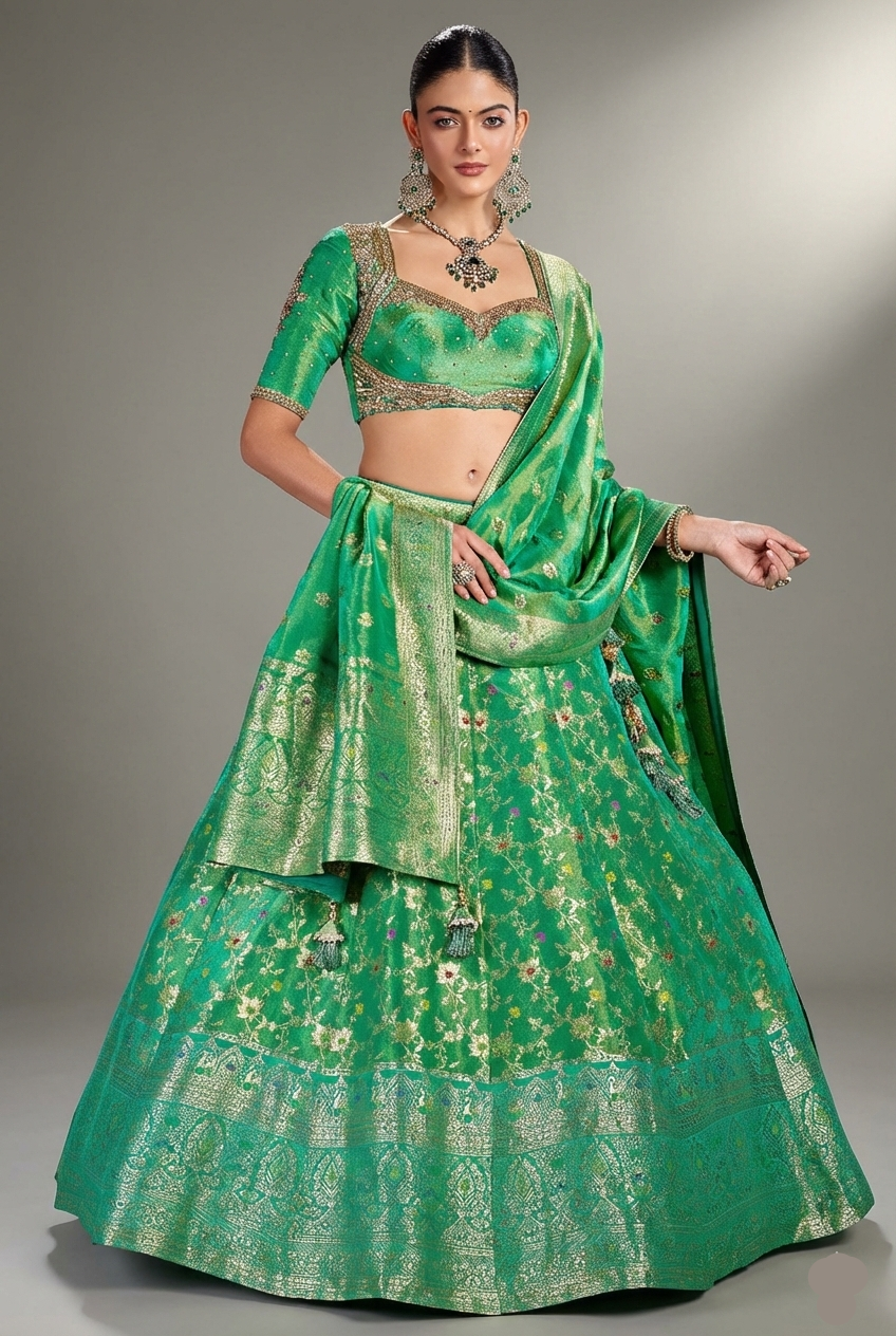 Jade Green Tissue Silk Floral Woven Lehenga - green silk saree Main image