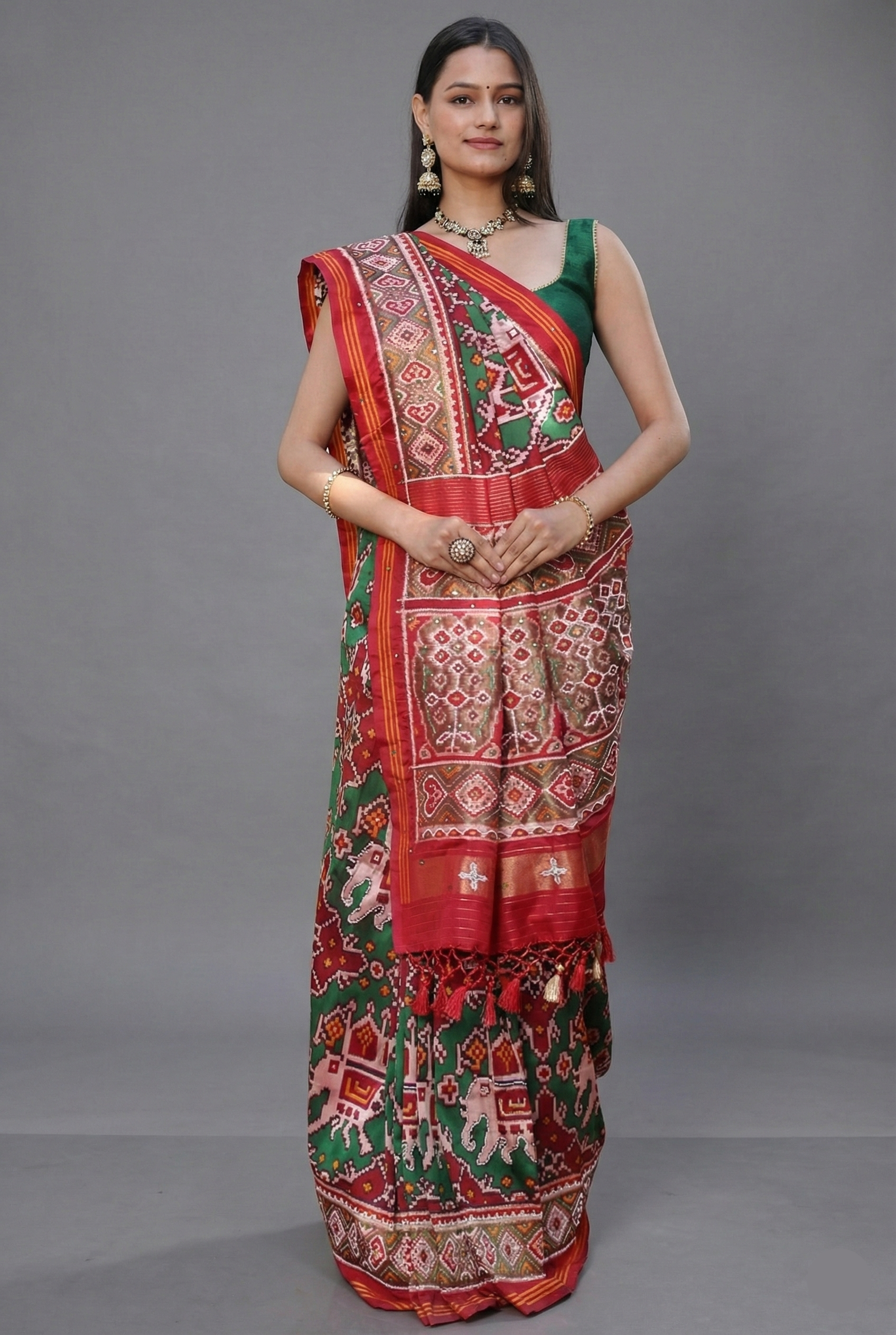 Green Silk Traditional Patola Saree with Beaded Work - green silk saree patola