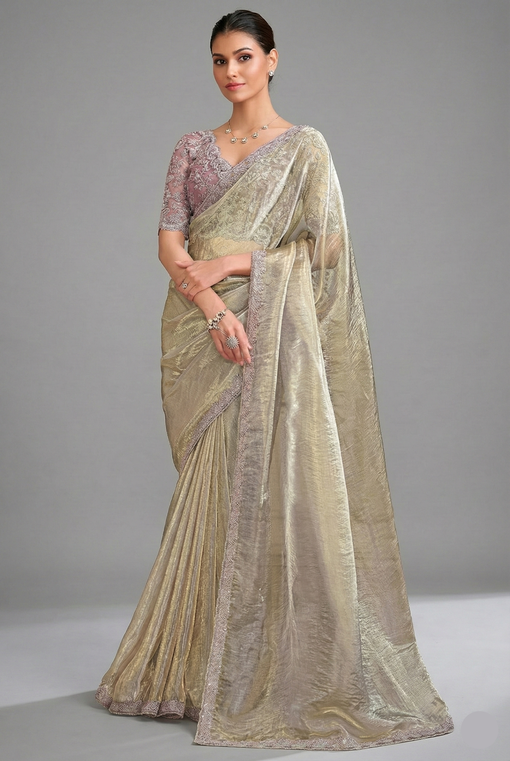 Light Purple and Golden Two Toned Glass Tissue Saree with Sequin Embellished Scallop Border - gold saree