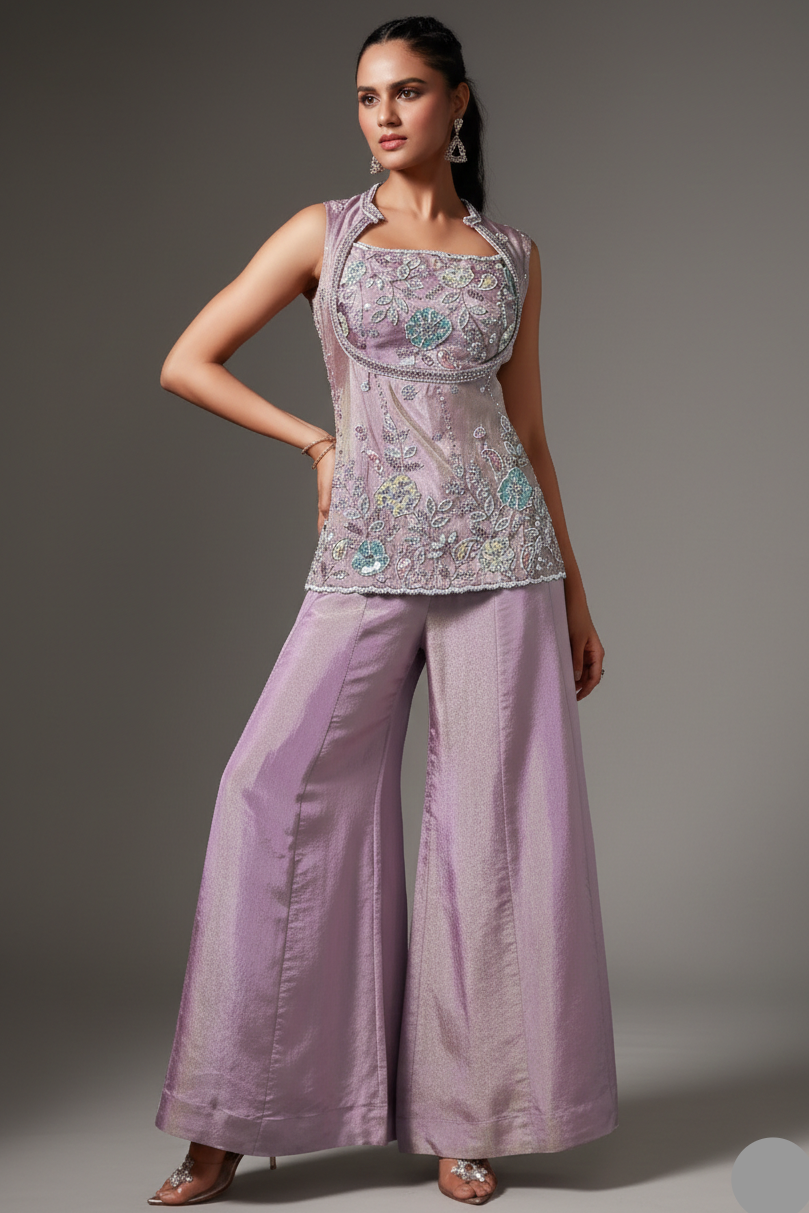 Lilac Purple Tissue Silk Sequin Beaded Palazzo Set - purple silk saree