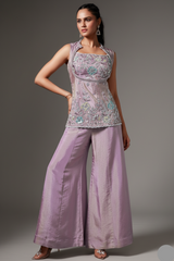 Lilac Purple Tissue Silk Sequin Beaded Palazzo Set - purple silk saree