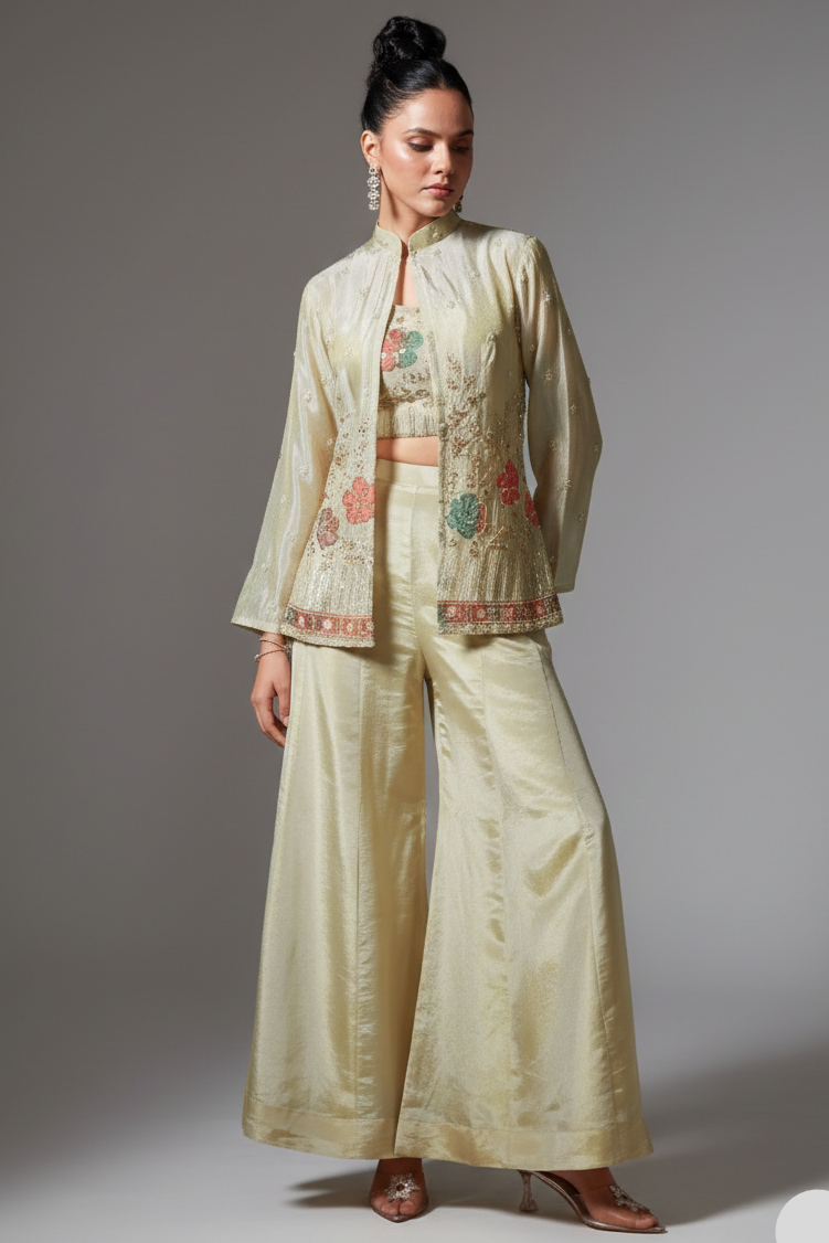 Cream Tissue Silk Sequin Beaded Worked Crop Top Palazzo Set - cream silk saree