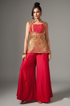 Beige Dola Silk Printed Straight Cut Palazzo Suit - beige silk saree