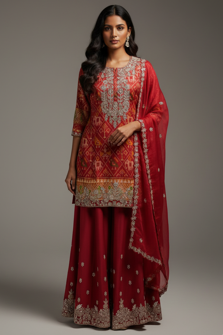 Red Silk Patola Printed Palazzo Suit with Sequin and Beads Work - red silk saree patola Main image
