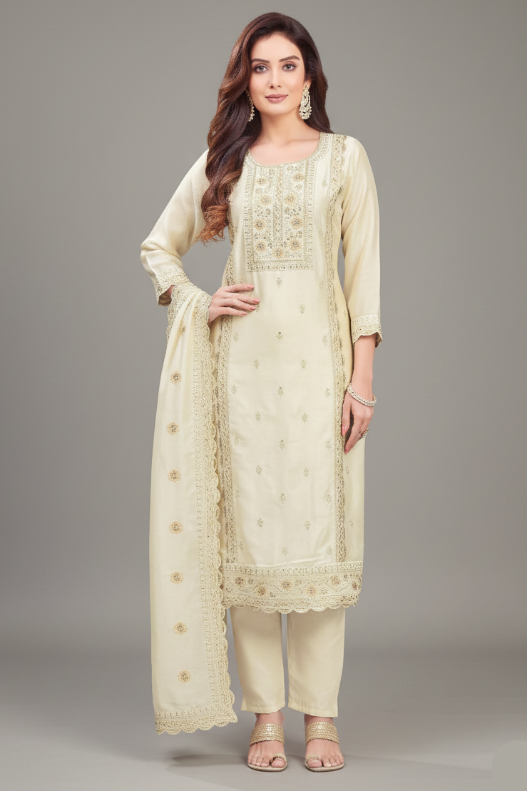 Cream Art Silk Sequins Embroidered Straight Cut Suit - red silk saree embroidered Main image