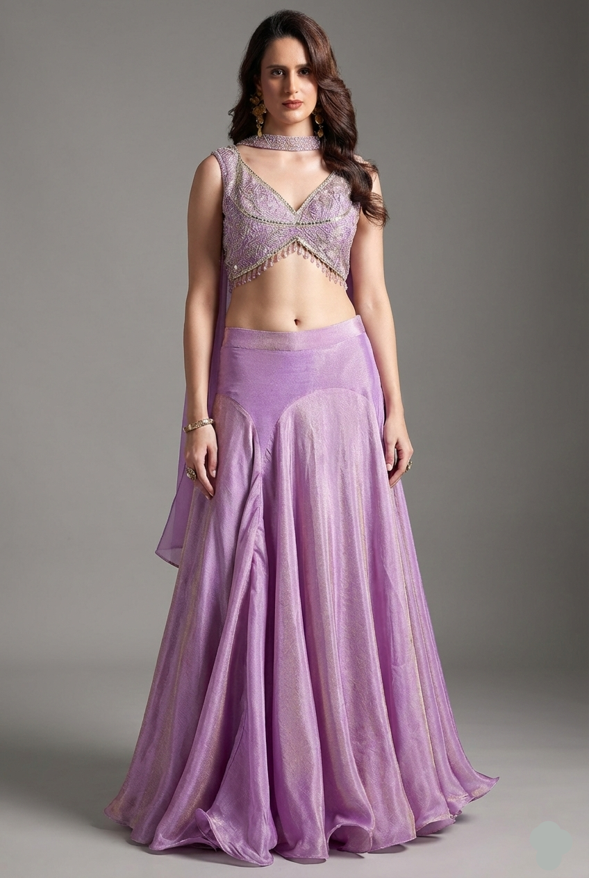 Mauve Purple Tissue Silk Mermaid Cut Lehenga with Beaded and Sequin Work - purple silk saree