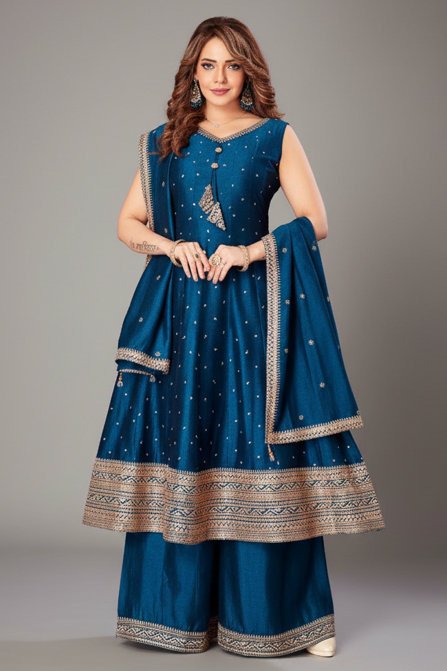 Rama Blue Art Silk Sequin Embroidery Anarkali Palazzo Suit - blue silk saree embroidery
