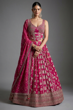 Fuchsia Pink Organza Floral Woven Pleated Lehenga with Corset - pink organza saree