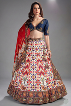 Pearl White Chiffon Silk Printed Lehenga with Sequins Work - white silk saree