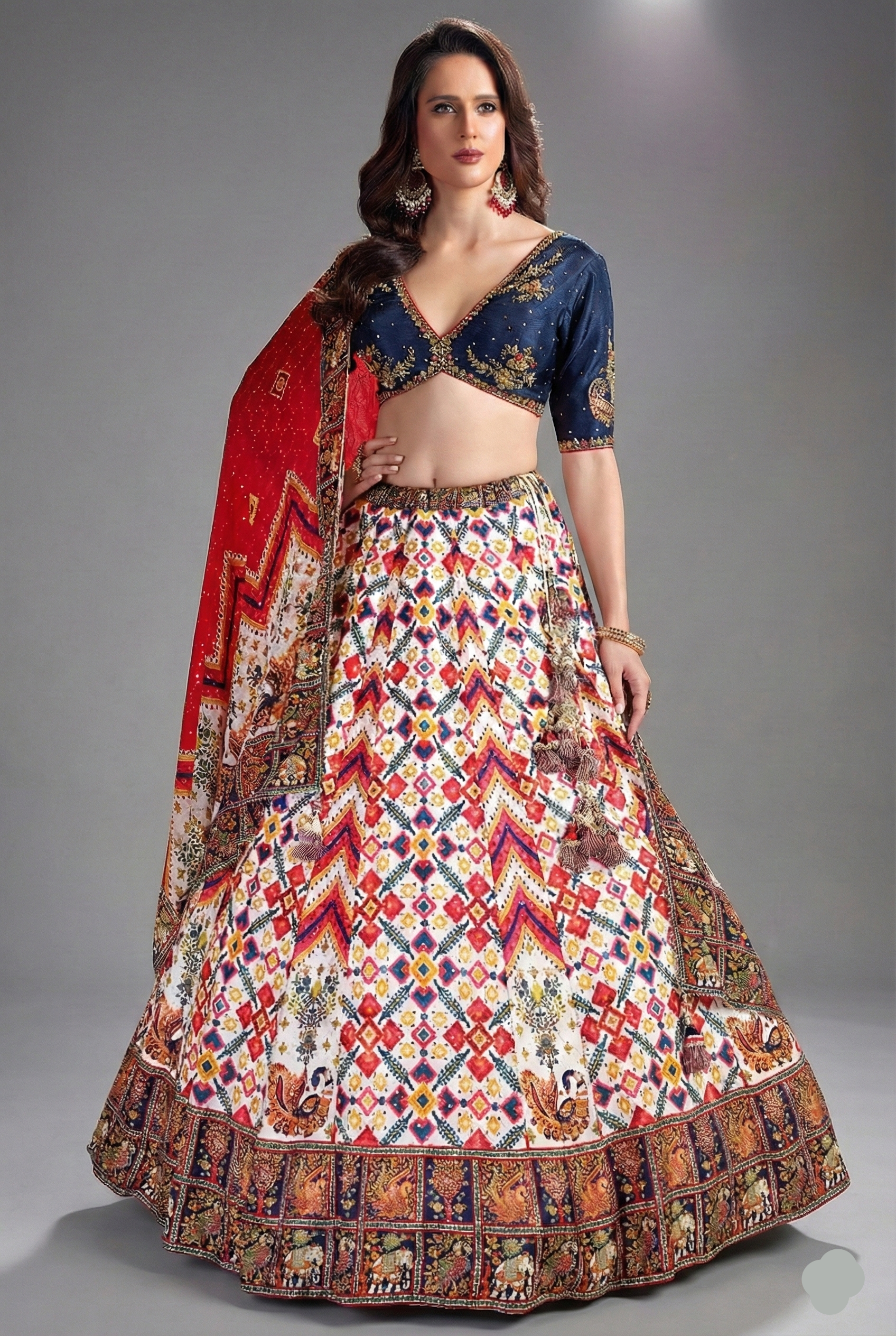 Pearl White Chiffon Silk Printed Lehenga with Sequins Work - white silk saree