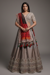 Silver Tissue Beaded and Cutdana Worked Lehenga - silver saree