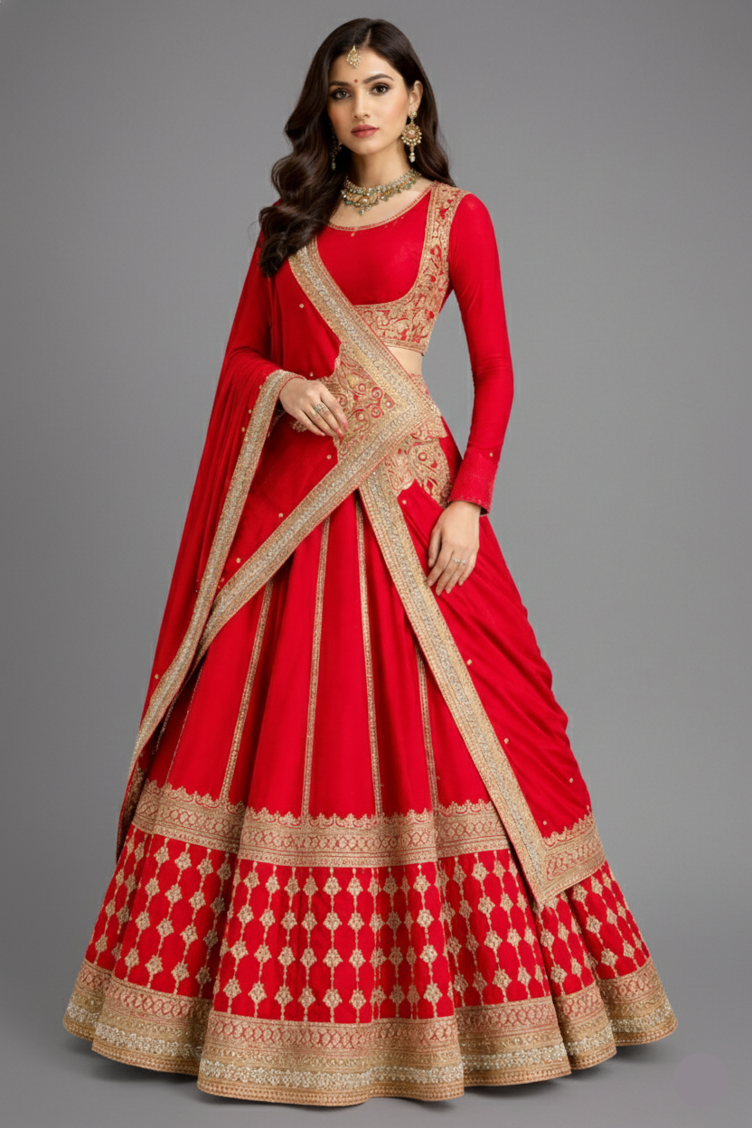 Red Matka Silk Sequins embroidered Lehenga - red silk saree embroidered