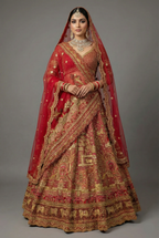 Red Matka Silk Designer Bridal Lehenga with Double Dupatta - red silk saree