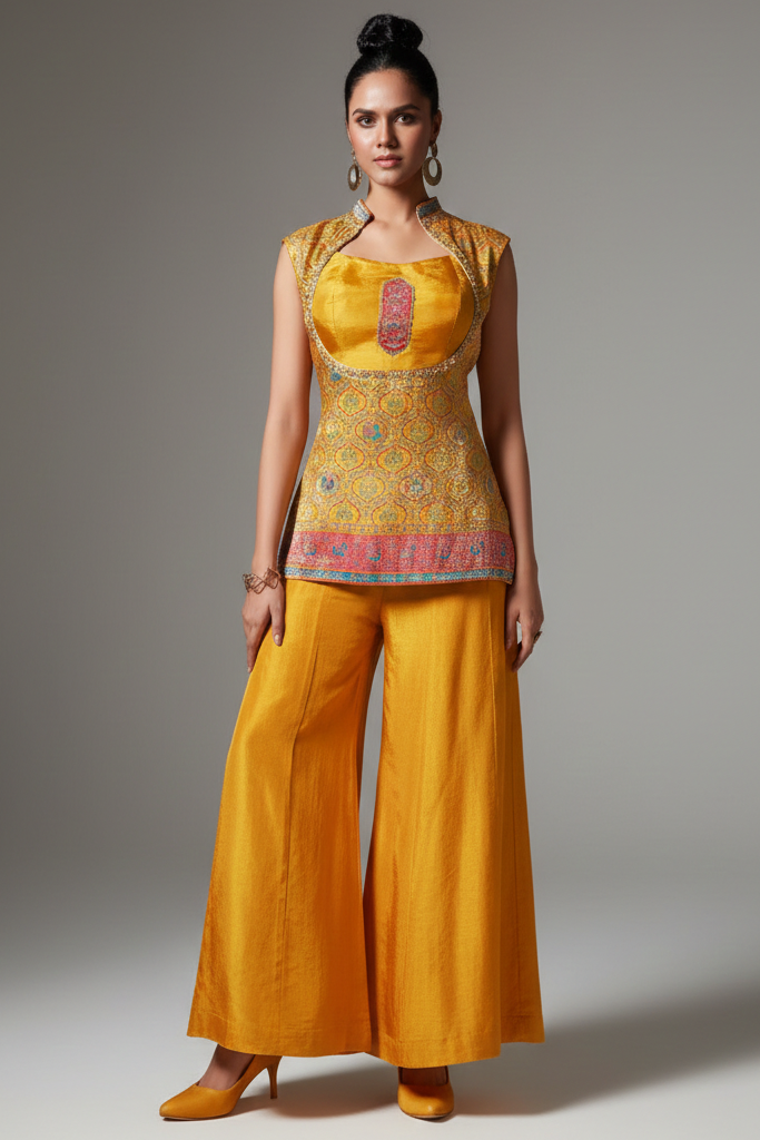 Yellow Dola Silk Elephant and Bird Motif Top and Palazzo Set - yellow silk saree