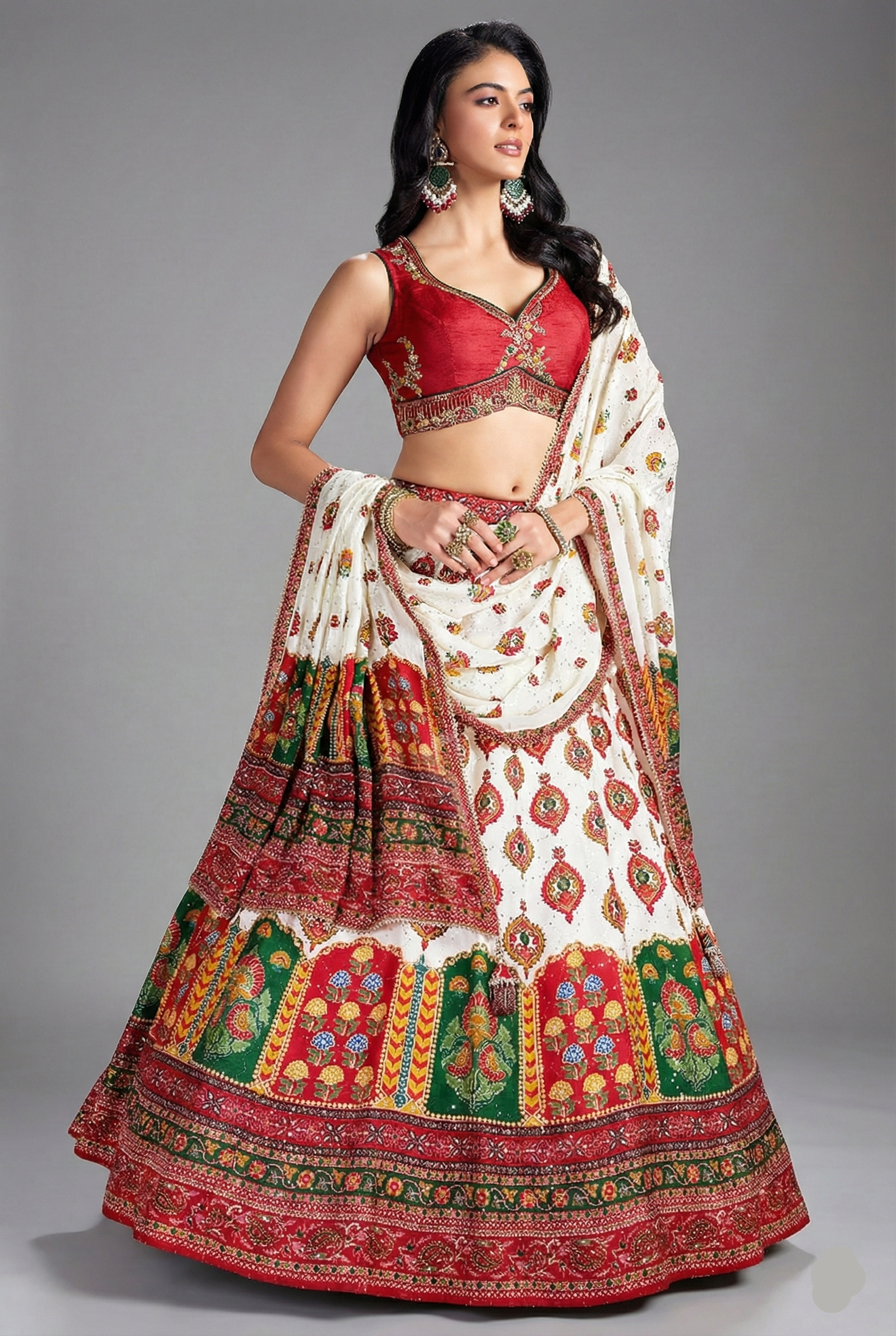 Pearl White and Multi Colored Chiffon Silk Printed Lehenga - red silk saree Main image
