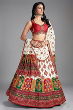 Pearl White and Multi Colored Chiffon Silk Printed Lehenga - red silk saree