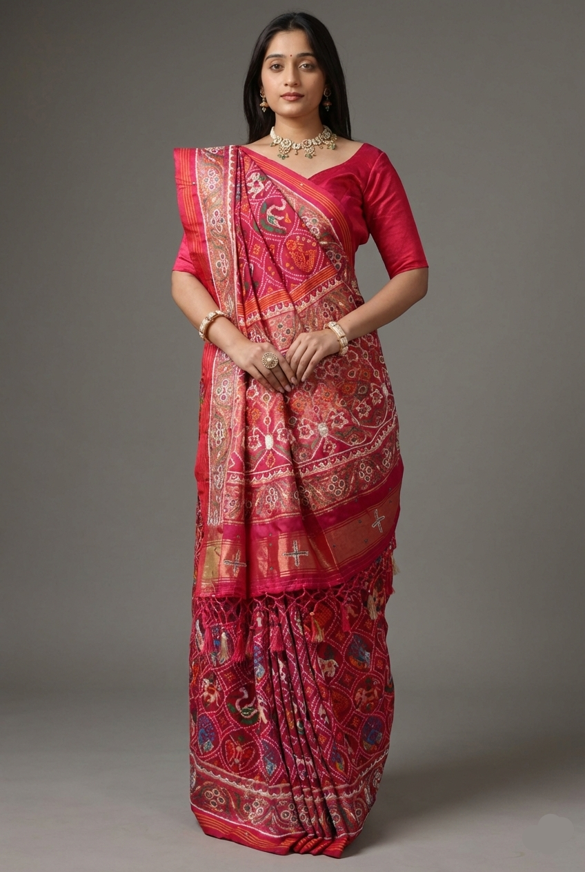Pink Silk Traditional Patola Saree with Bead Work - pink silk saree patola