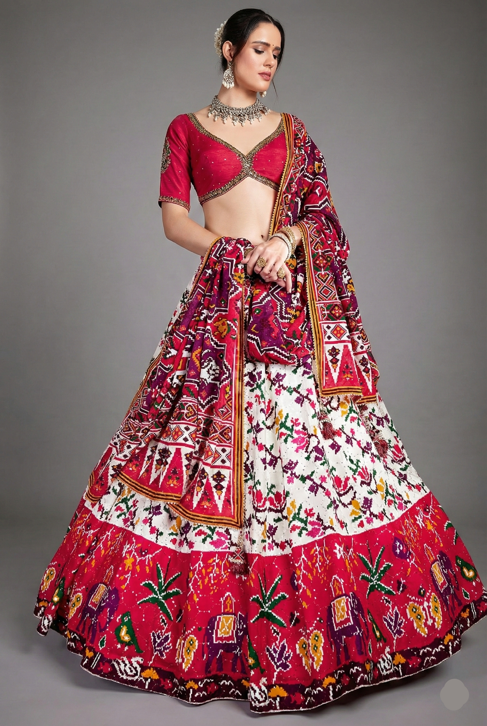 Pearl White and Red Chiffon Silk Ikkat Patola Printed Lehenga with Contrast Border - red silk saree patola Main image