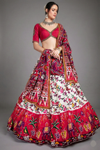 Pearl White and Red Chiffon Silk Ikkat Patola Printed Lehenga with Contrast Border - red silk saree patola