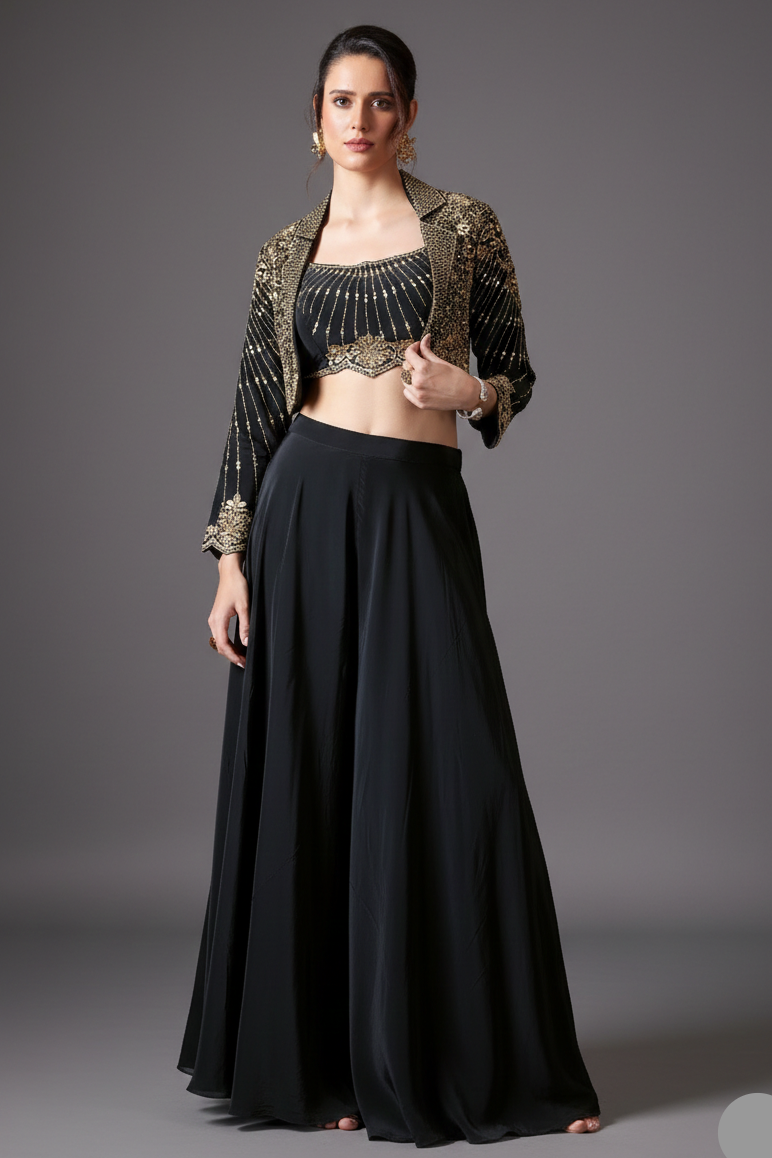 Black Crepe Satin Silk Palazzo Set with Mirror Adorned Jacket - black silk saree Main image