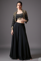 Black Crepe Satin Silk Palazzo Set with Mirror Adorned Jacket - black silk saree