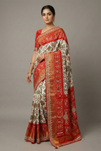 Off White Silk Traditional Patola Saree with Gota Work - white silk saree patola