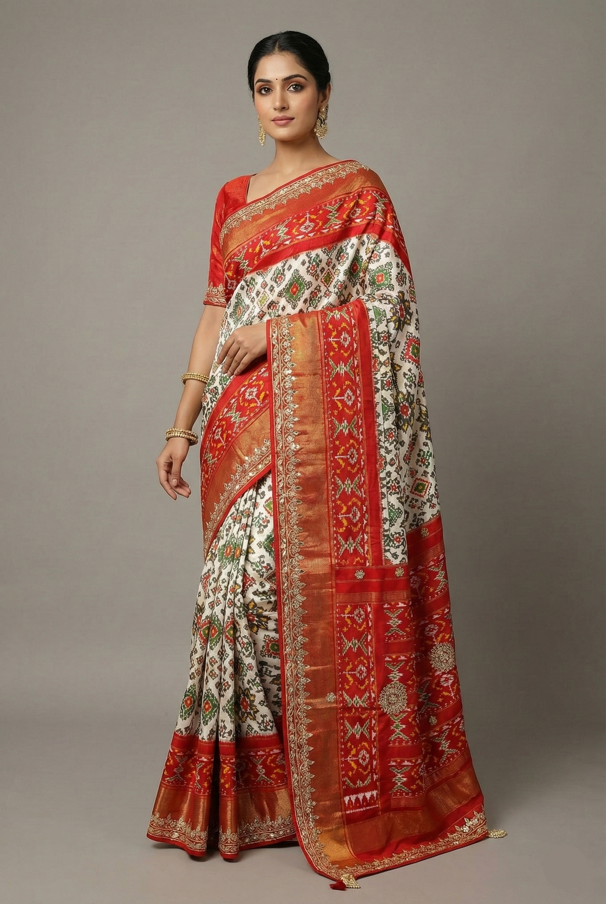 Off White Silk Traditional Patola Saree with Gota Work