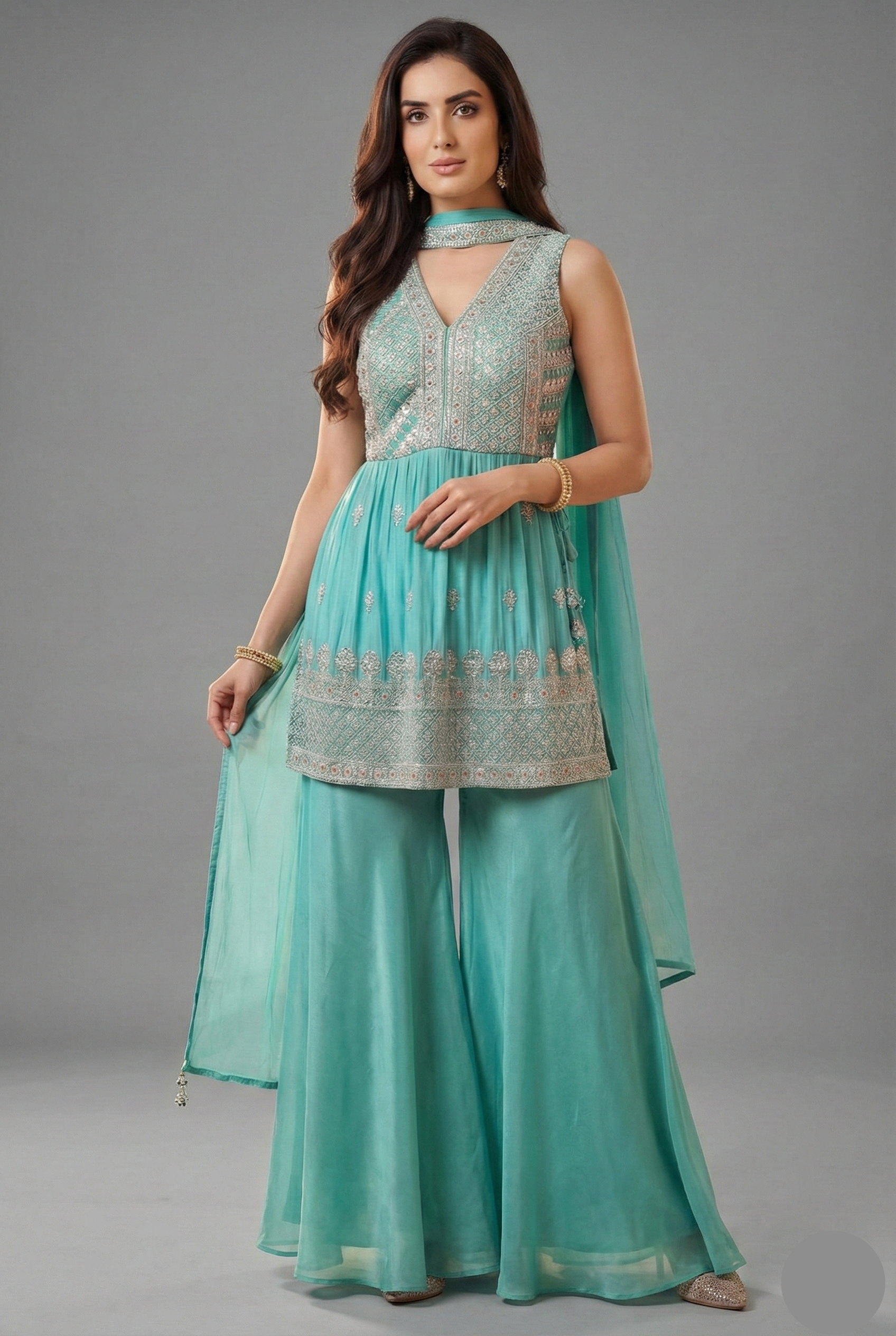 Sea Green Glass Tissue Organza Embroidered Palazzo Suit - red organza saree embroidered Main image
