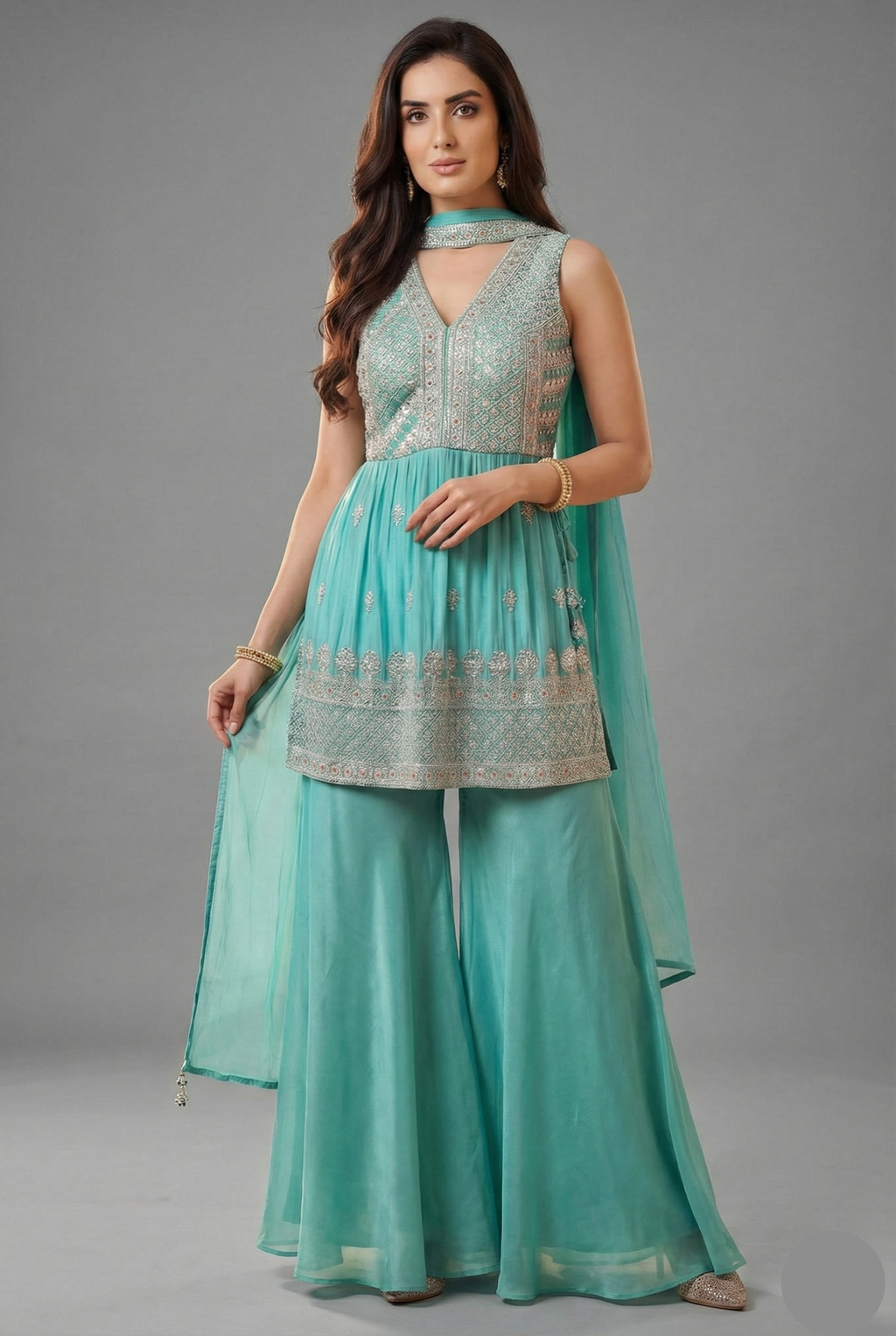 Sea Green Glass Tissue Organza Embroidered Palazzo Suit - red organza saree embroidered