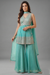 Sea Green Glass Tissue Organza Embroidered Palazzo Suit