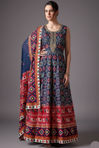 Blue Silk Patola Anarkali Suit with Sequins Work - blue silk saree patola