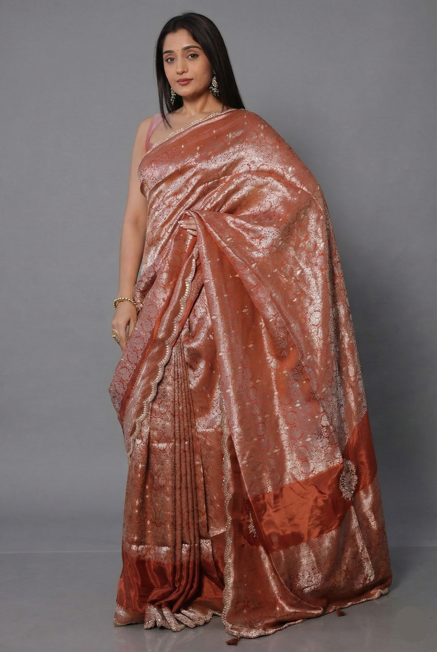Orange Dola Silk Weaving Scallop Border Saree with Sequin Embroidered Butta - red silk saree embroidered Main image