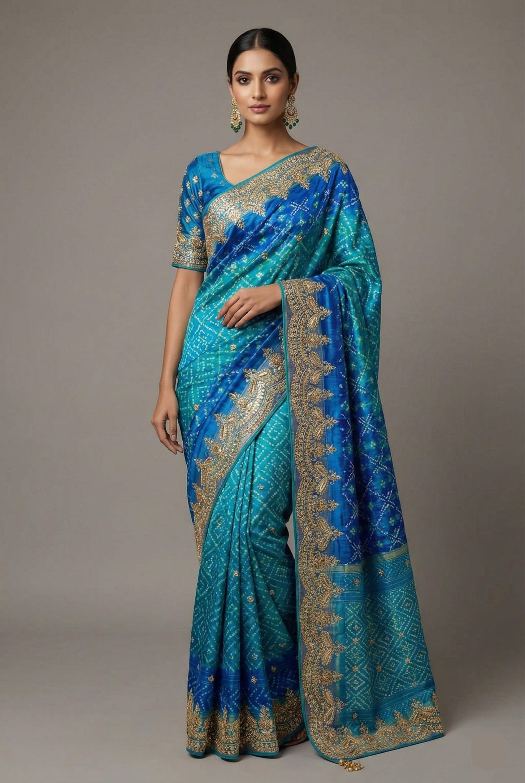 Turquoise Blue Silk Patola Saree with Zardosi Sequin Worked Scallop Border - blue silk saree patola