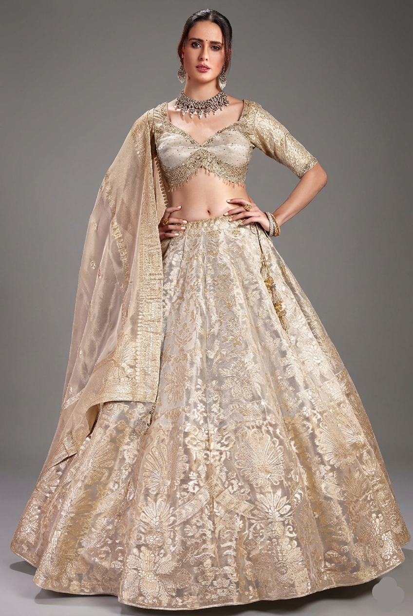 Ivory White and Golden Tissue Silk Floral Woven Lehenga - gold silk saree