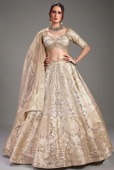 Ivory White and Golden Tissue Silk Floral Woven Lehenga