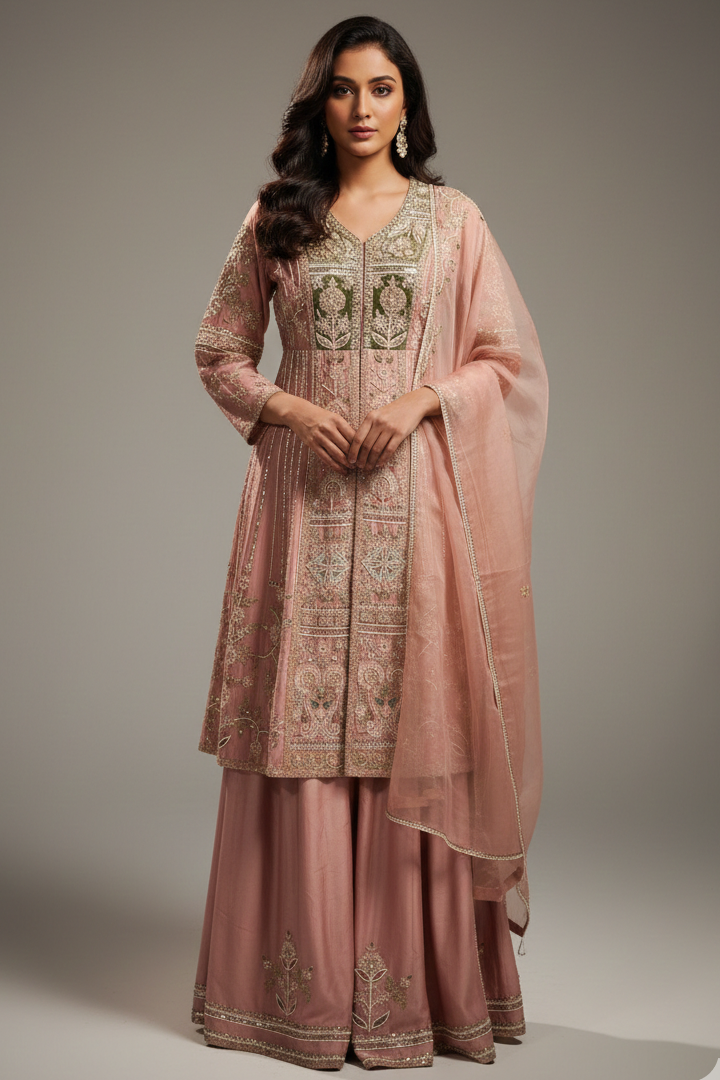 Light Pink Silk Designer Zardosi and Beads Worked Palazzo Suit - pink silk saree