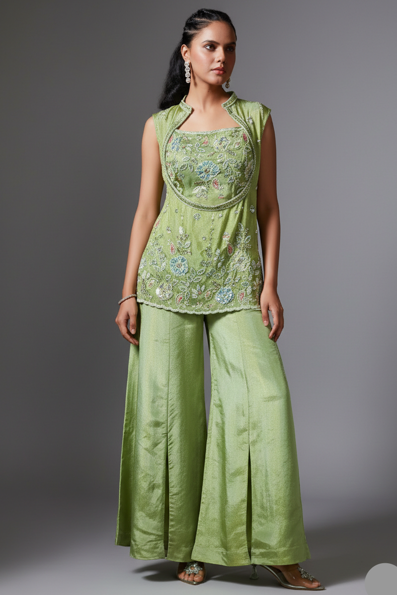 Green Tissue Silk Sequin Beaded Palazzo Set - green silk saree Main image