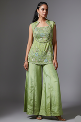 Green Tissue Silk Sequin Beaded Palazzo Set - green silk saree