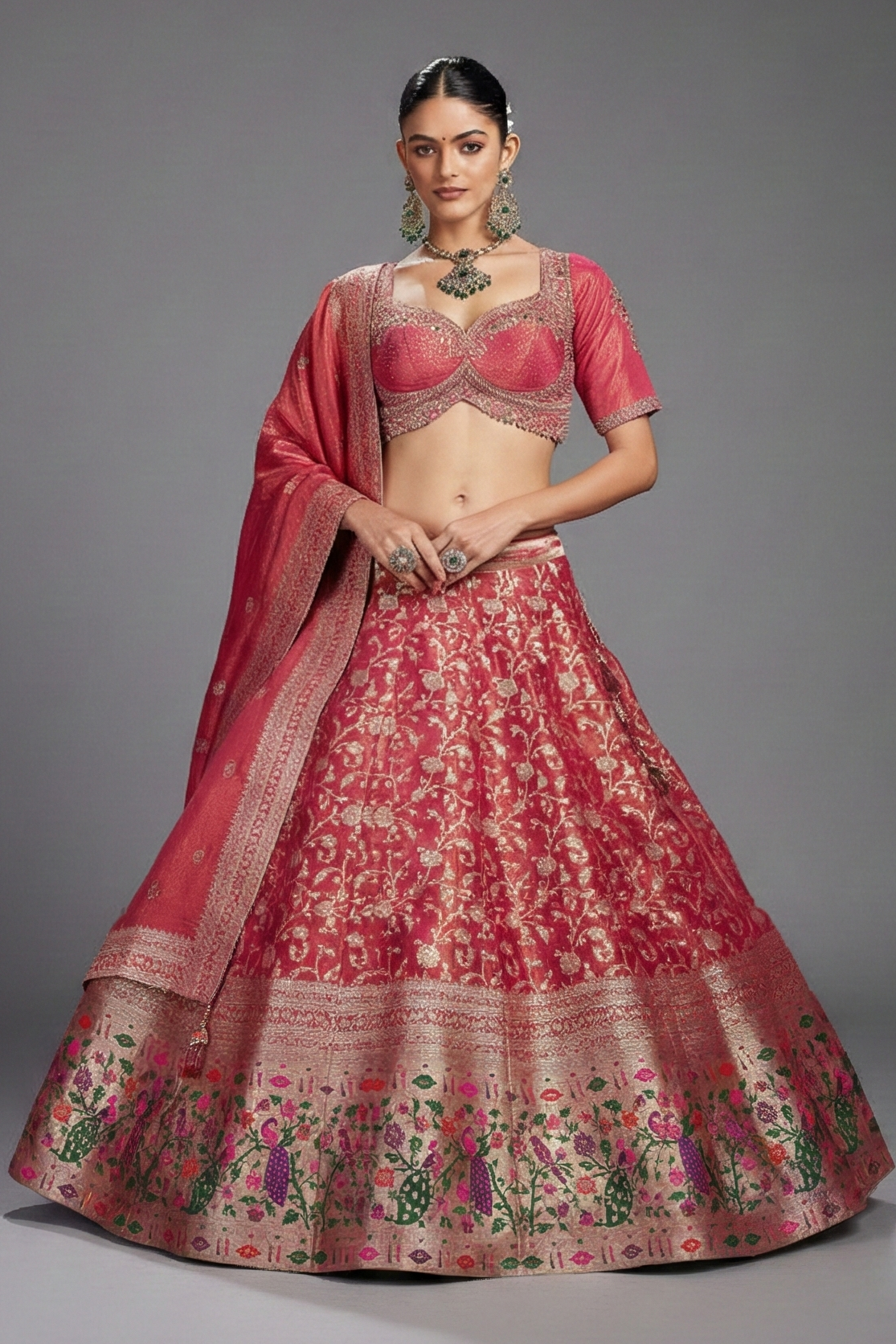 Deep Rose Pink Tissue Floral Woven Lehenga with Paithani Border - pink saree Main image