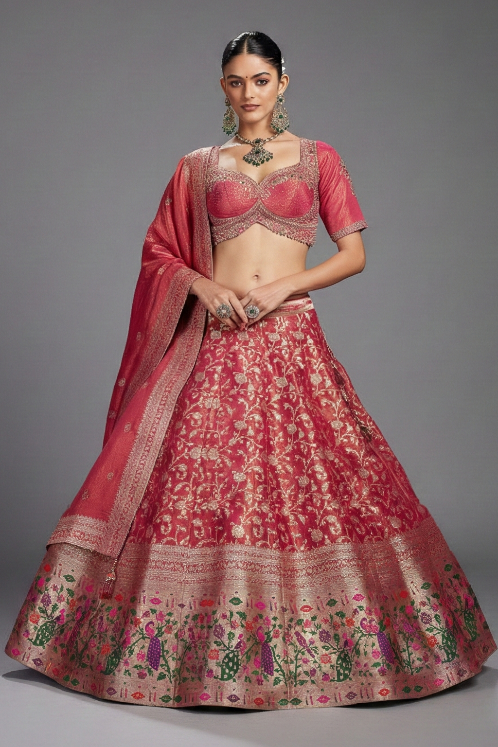 Deep Rose Pink Tissue Floral Woven Lehenga with Paithani Border - pink saree