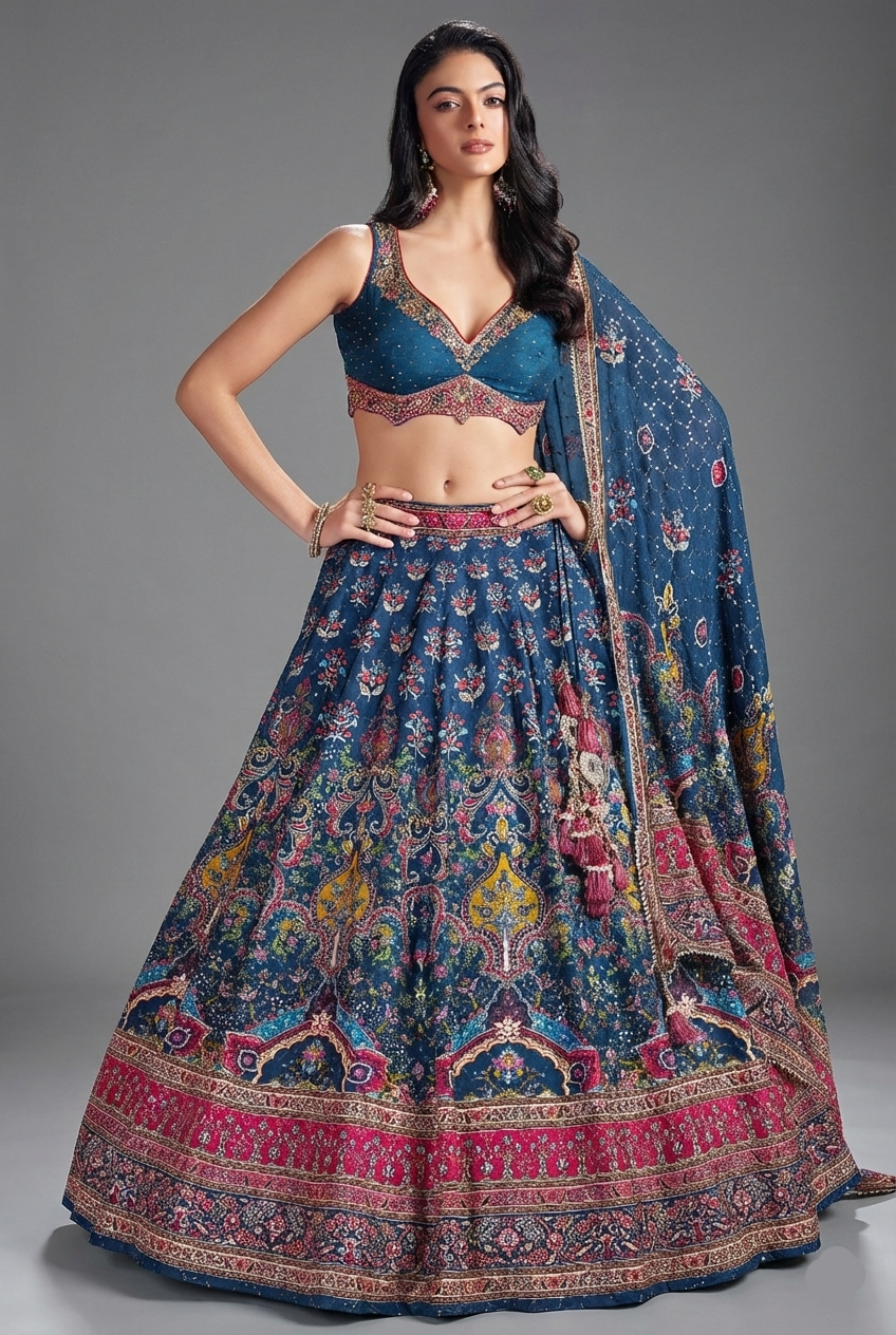Blue Chiffon Silk Printed Lehenga - blue silk saree Main image