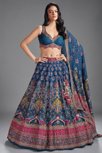 Blue Chiffon Silk Printed Lehenga - blue silk saree